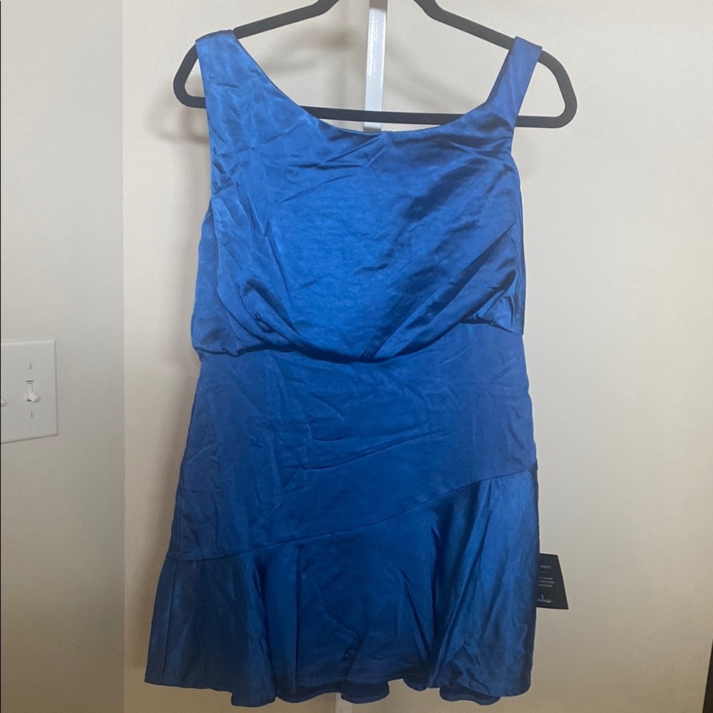 Lulus Iconic Crush Blue Satin One Shoulder Mini Dress - Picture 5 of 6